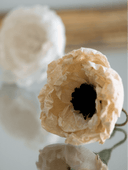 Dual-colored vintage-inspired crepe paper flowers. Handmade Christmas and seasonal ornaments in beige, black, brown, and white