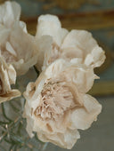 Handmade and hand-dyed crepe paper flowers in solid colors. Bouquets of paper flower Christmas ornaments in blue, white, and pale pink